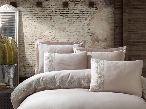 Mako Satin Bettwäsche 200x220 cm Inci Beige bestickt 6 tlg