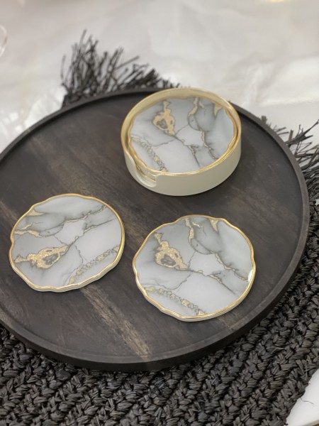 6er Glasuntersetzer Set gold - grau Marble look