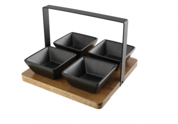 Schwarze Snackschälchen 4er mit Bambusplatte und Gestell