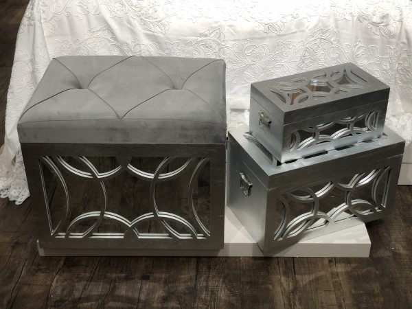 3er design Truhenset verspiegelt silber Aufbewahrungsbox mit Sitzhocker