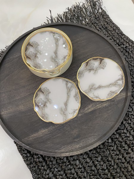 6er Glasuntersetzer Set gold- black marble look