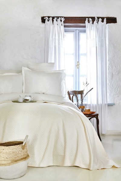 Karaca Home Elonora Ekru creme Bettwäsche Set mit Spitze und Bamboo Tagesdecke