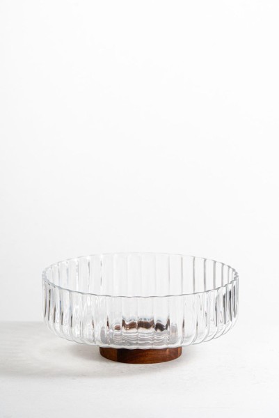 Servierschale aus Glas mit Holzständer 26cm- Salad Bowl