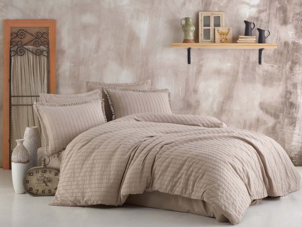 6tlg. Bettwäsche mit Quasten taupe 200x220 cm 100% Baumwolle