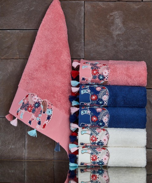 Handmade Baumwolle Handtuch mit Fransen Elefant Design 50x90 cm Pink
